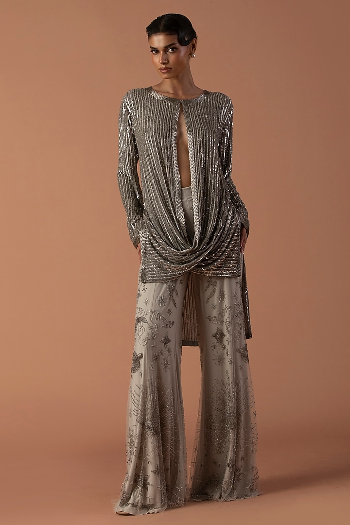 Grey Georgette & Jersey Sequins Embroidered Co-Ord Set by Esha Sethi Thirani at Pernia's Pop Up Shop