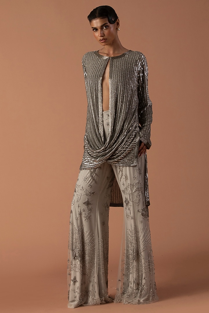 Grey Georgette & Jersey Sequins Embroidered Co-Ord Set by Esha Sethi Thirani at Pernia's Pop Up Shop