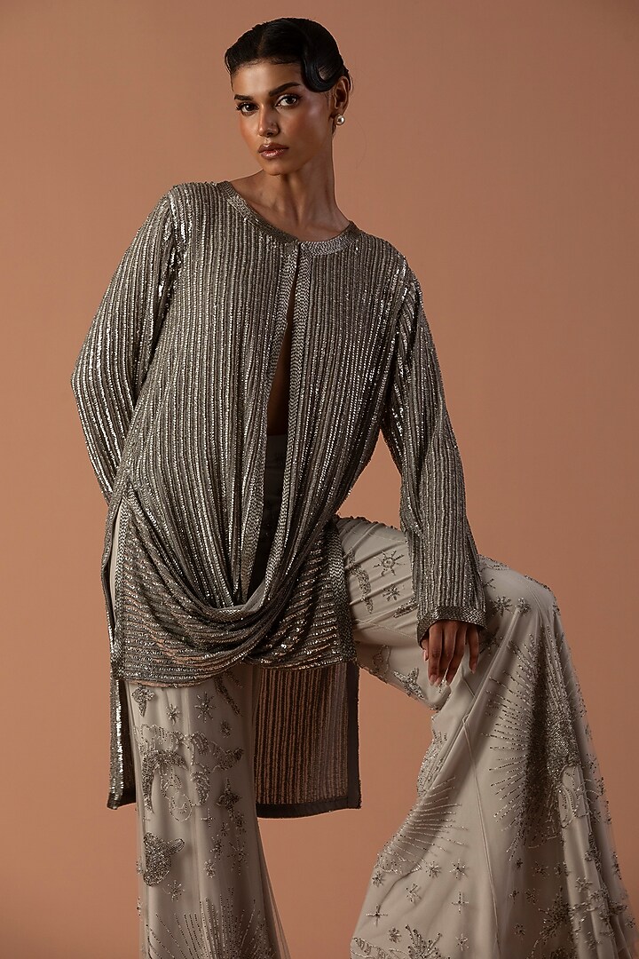 Grey Georgette & Jersey Sequins Embroidered Co-Ord Set by Esha Sethi Thirani at Pernia's Pop Up Shop