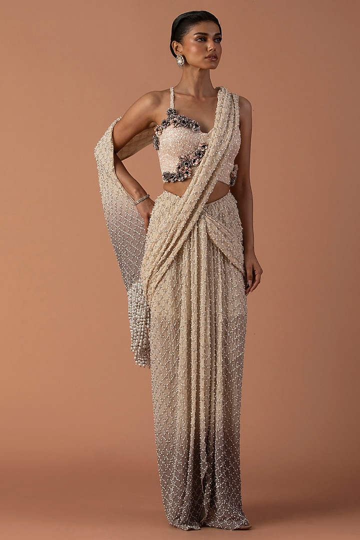 Cream & Grey Ombre Georgette Pearl Embroidered Pre-Stitched Bridal Saree Set by Esha Sethi Thirani at Pernia's Pop Up Shop