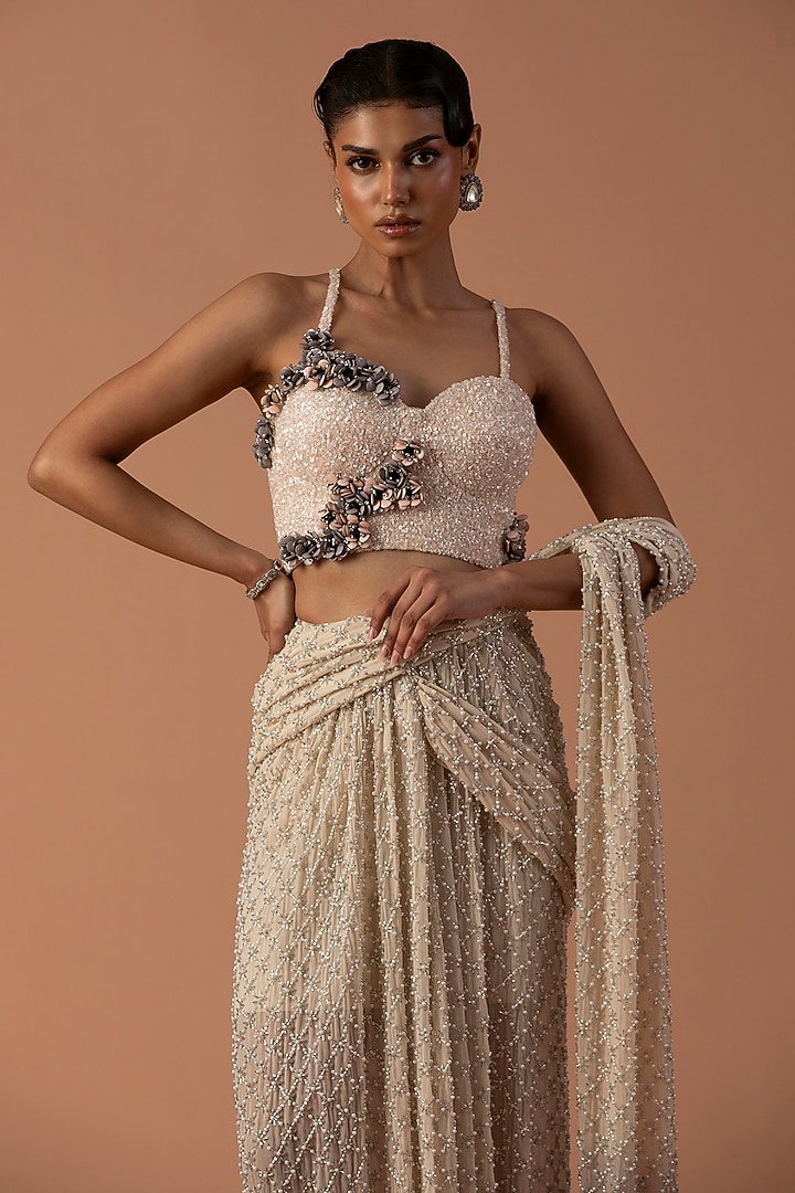 Cream & Grey Ombre Georgette Pearl Embroidered Pre-Stitched Bridal Saree Set by Esha Sethi Thirani at Pernia's Pop Up Shop