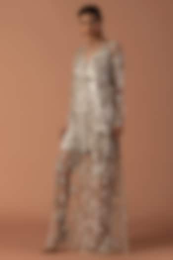 Champagne Tulle & Jersey Floral Embroidered Wedding Gown by Esha Sethi Thirani at Pernia's Pop Up Shop