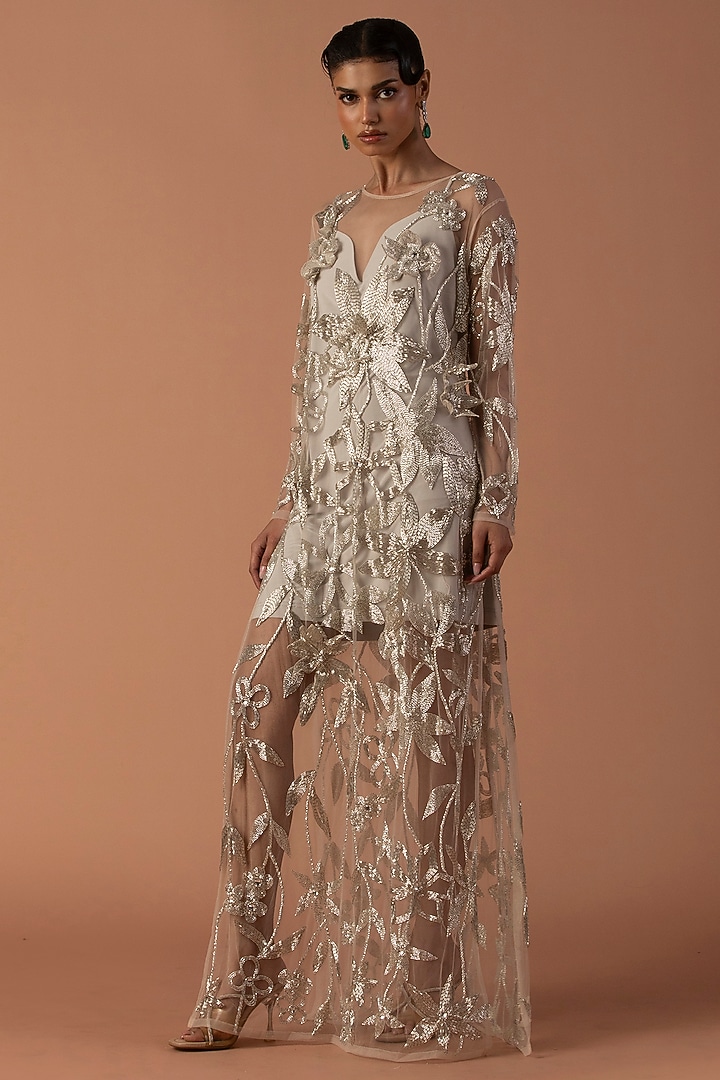 Champagne Tulle & Jersey Floral Embroidered Wedding Gown by Esha Sethi Thirani at Pernia's Pop Up Shop