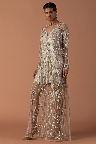 Champagne Tulle & Jersey Floral Embroidered Gown by Esha Sethi Thirani