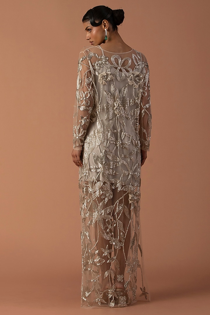 Champagne Tulle & Jersey Floral Embroidered Wedding Gown by Esha Sethi Thirani at Pernia's Pop Up Shop