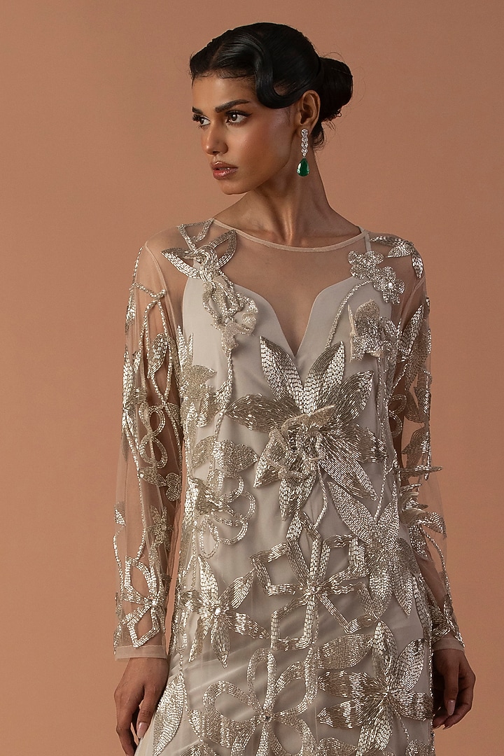 Champagne Tulle & Jersey Floral Embroidered Wedding Gown by Esha Sethi Thirani at Pernia's Pop Up Shop