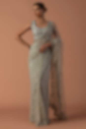 Powder Blue Tulle Zardosi Embroidered Pre-Stitched Bridal Saree Set by Esha Sethi Thirani at Pernia's Pop Up Shop