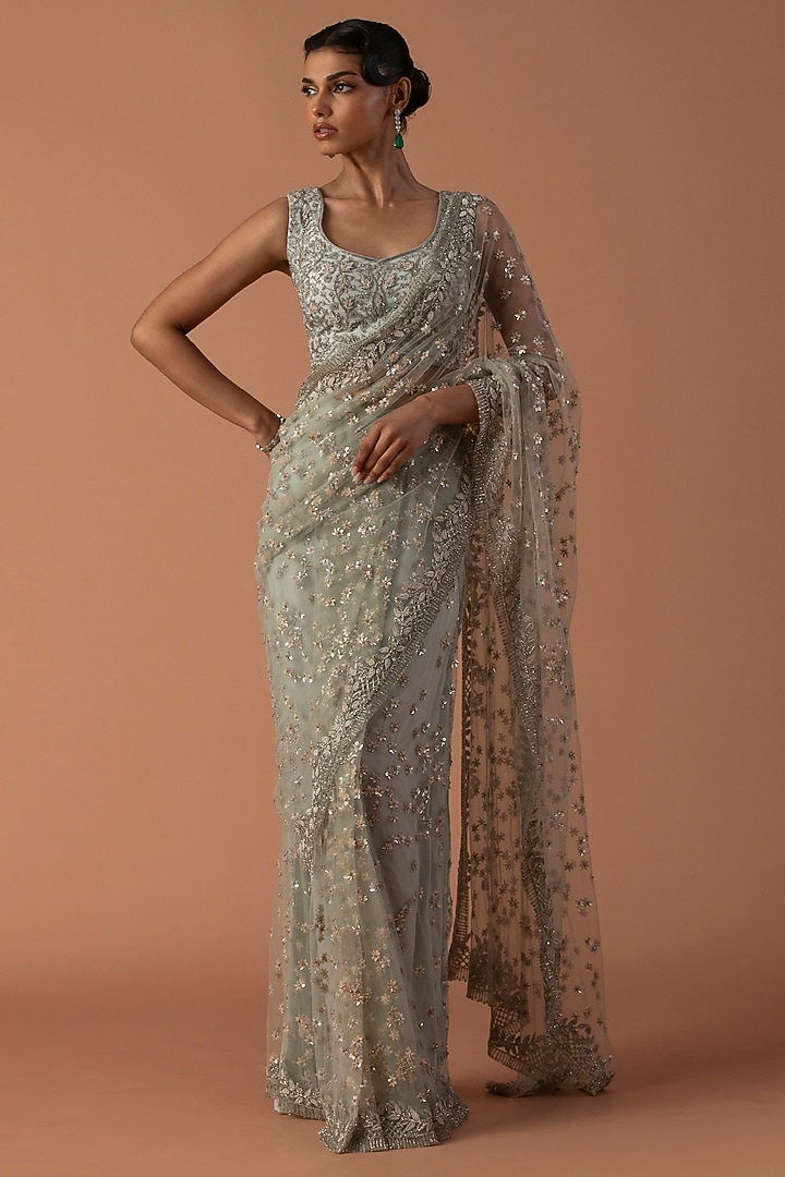 Powder Blue Tulle Zardosi Embroidered Pre-Stitched Bridal Saree Set by Esha Sethi Thirani at Pernia's Pop Up Shop