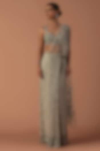 Mint Tulle Floral Embroidered Pre-Stitched Bridal Saree Set by Esha Sethi Thirani at Pernia's Pop Up Shop