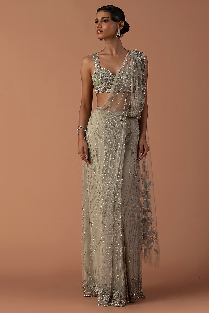 Mint Tulle Floral Embroidered Pre-Stitched Bridal Saree Set by Esha Sethi Thirani at Pernia's Pop Up Shop