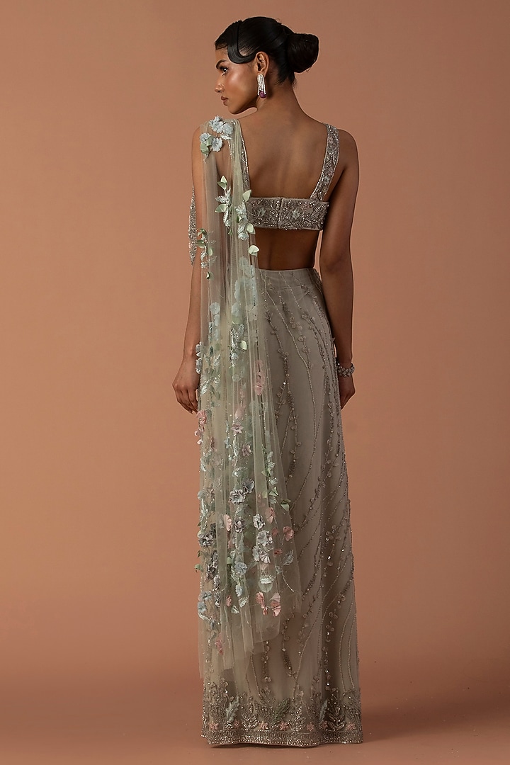 Mint Tulle Floral Embroidered Pre-Stitched Bridal Saree Set by Esha Sethi Thirani at Pernia's Pop Up Shop