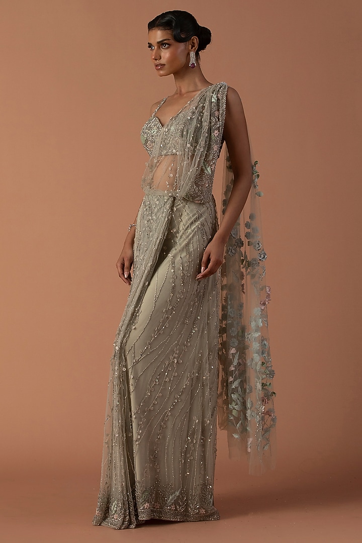 Mint Tulle Floral Embroidered Pre-Stitched Bridal Saree Set by Esha Sethi Thirani at Pernia's Pop Up Shop