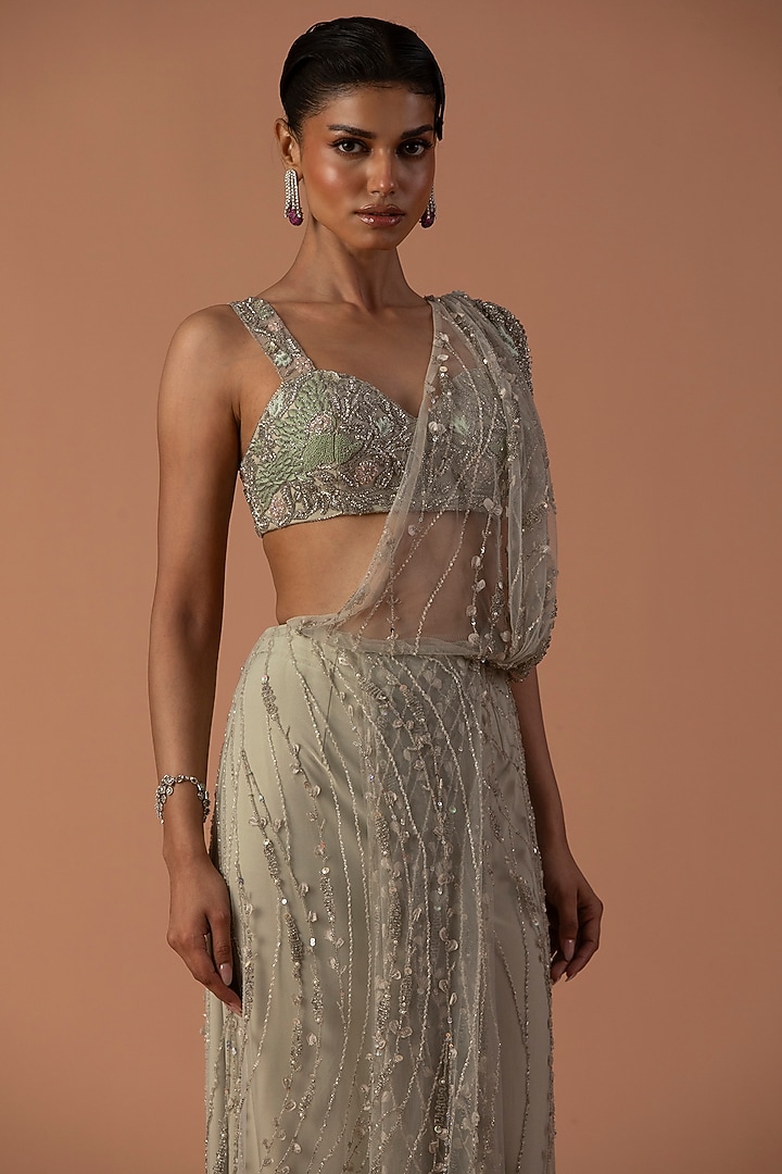 Mint Tulle Floral Embroidered Pre-Stitched Bridal Saree Set by Esha Sethi Thirani at Pernia's Pop Up Shop