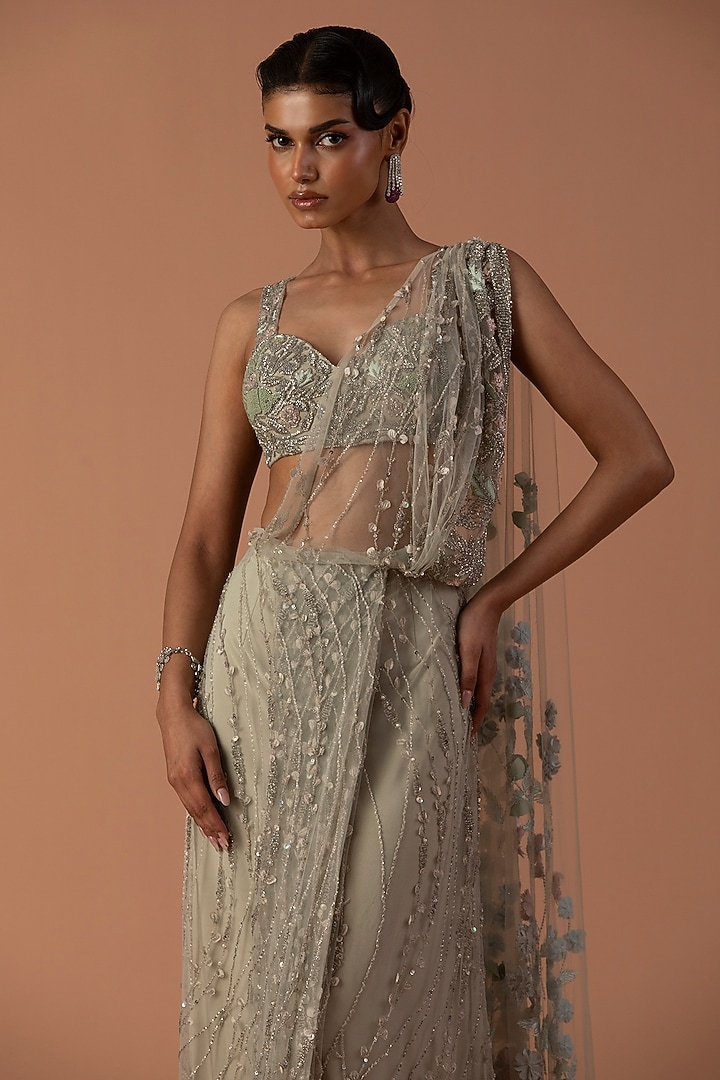 Mint Tulle Floral Embroidered Pre-Stitched Bridal Saree Set by Esha Sethi Thirani at Pernia's Pop Up Shop