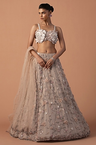 Pink Tulle Floral & Cutdana Embroidered Lehenga Set by Esha Sethi Thirani