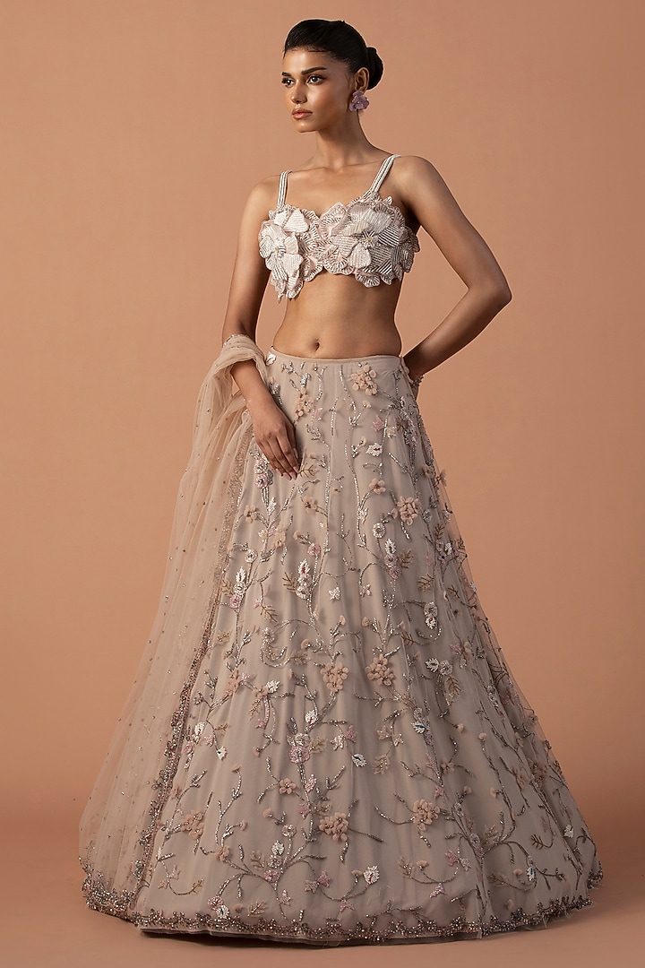 Pink Tulle Floral & Cutdana Embroidered Bridal Lehenga Set by Esha Sethi Thirani at Pernia's Pop Up Shop