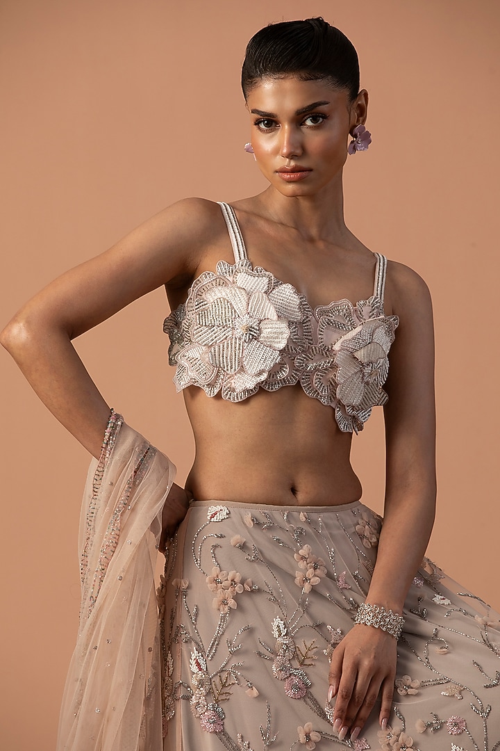Pink Tulle Floral & Cutdana Embroidered Bridal Lehenga Set by Esha Sethi Thirani at Pernia's Pop Up Shop