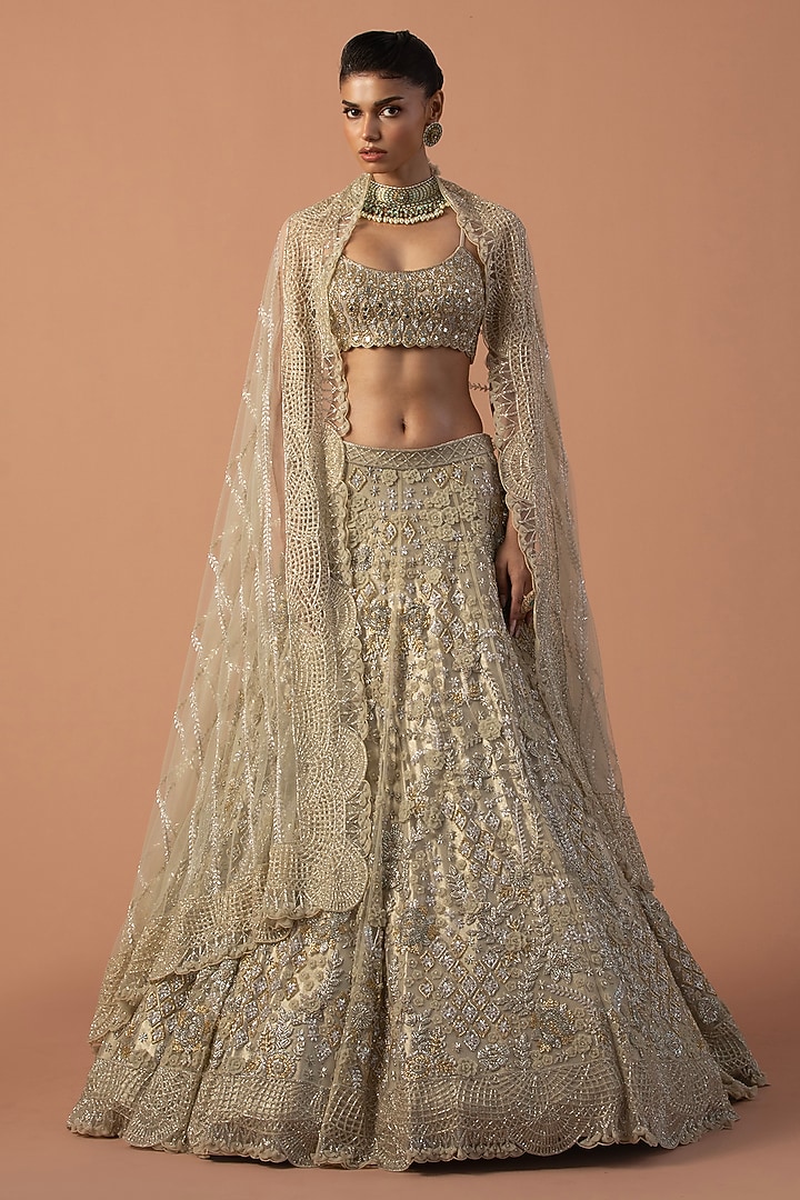 Gold Tulle Mirror Embroidered Bridal Lehenga Set by Esha Sethi Thirani at Pernia's Pop Up Shop