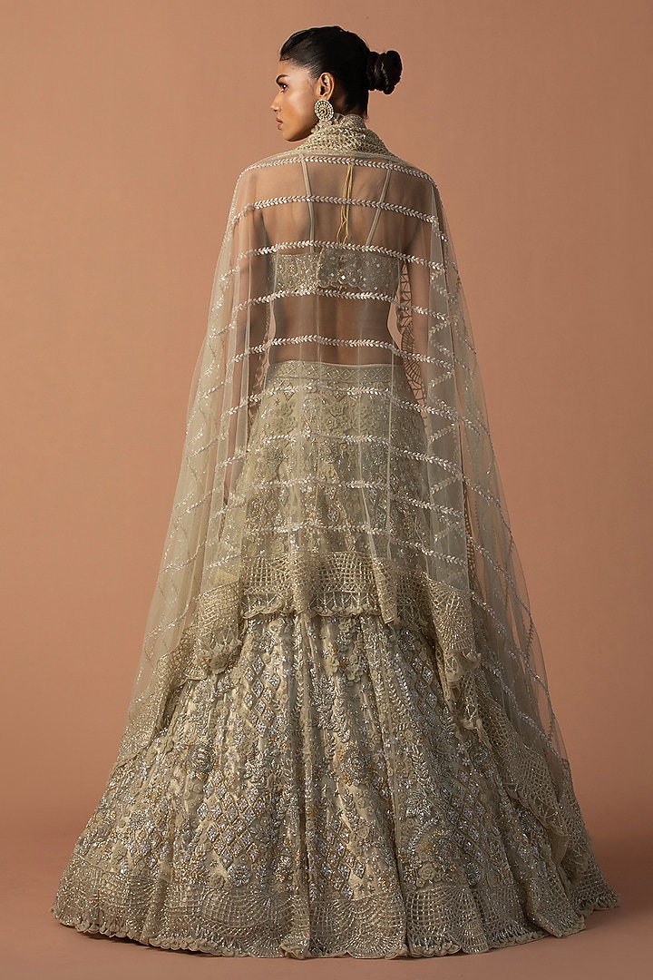 Gold Tulle Mirror Embroidered Bridal Lehenga Set by Esha Sethi Thirani at Pernia's Pop Up Shop
