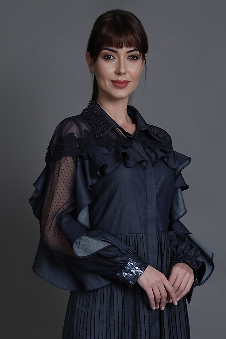 Navy Blue Pleated Cocktail Dress by Estera at Pernia's Pop Up Shop