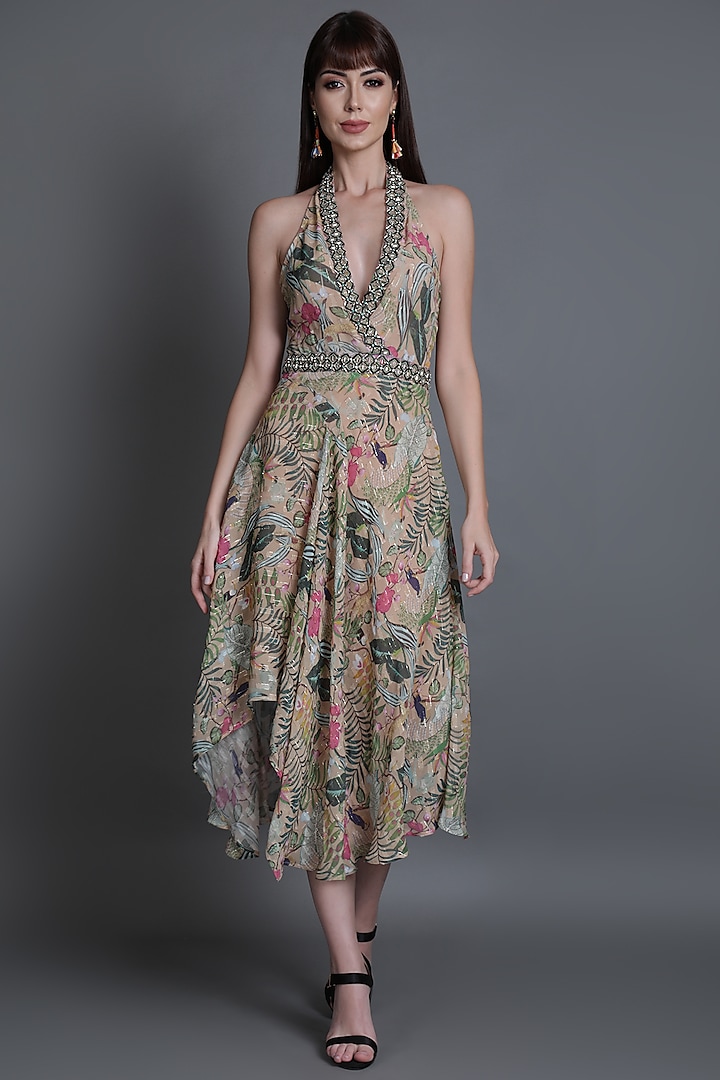 Tan Printed Halter Dress by Estera