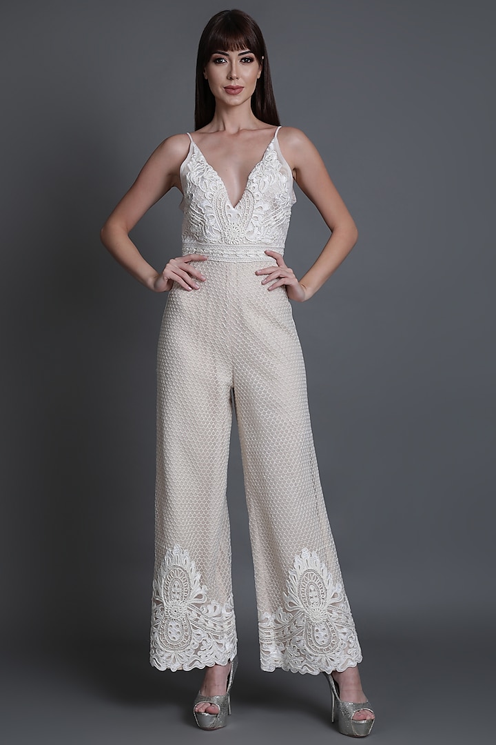 Ivory Embroidered Jumpsuit by Estera
