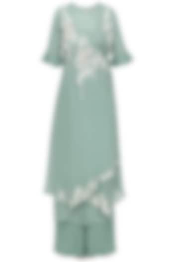 Sage Green Embroidered Asymmetrical Kurta with Inner and Palazzo Pants by Ek Soot