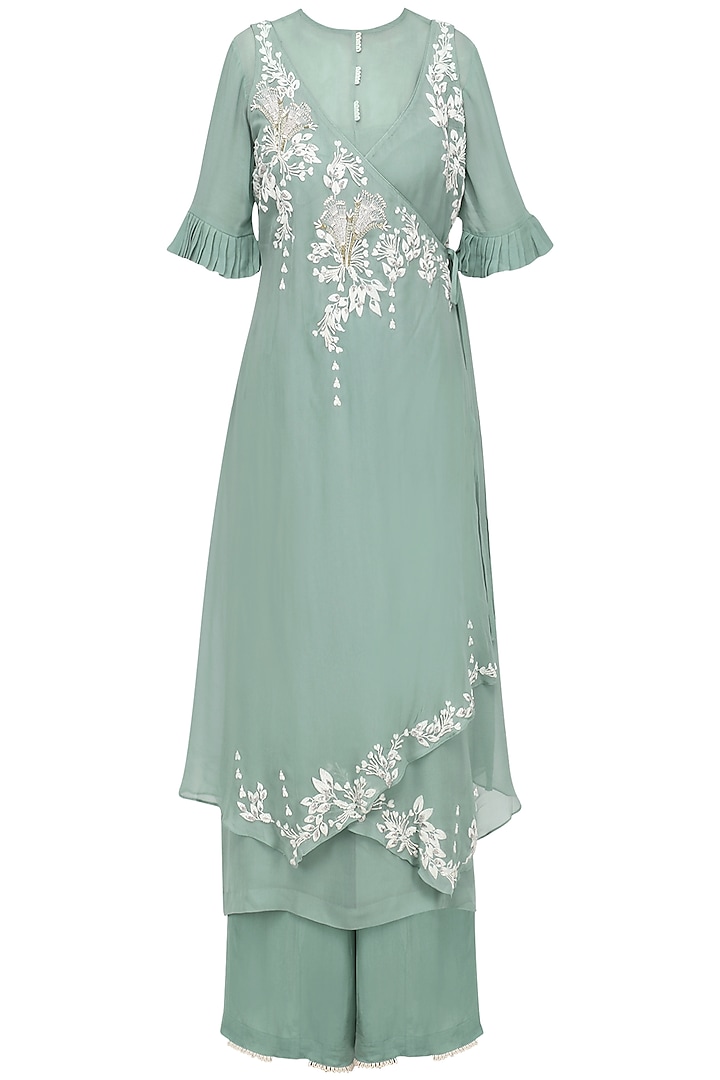 Sage Green Embroidered Asymmetrical Kurta with Inner and Palazzo Pants by Ek Soot
