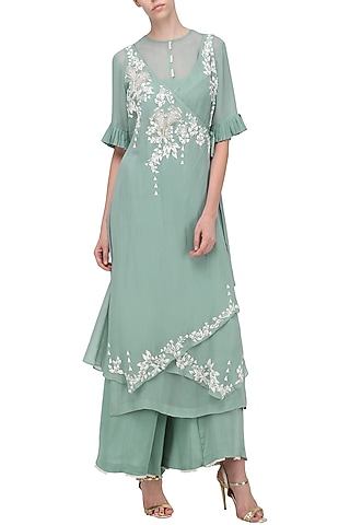 Sage Green Embroidered Asymmetrical Kurta with Inner and Palazzo Pants by Ek Soot