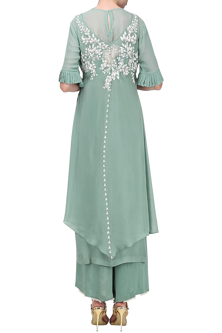 Sage green embroidered asymmetrical kurta with inner and palazzo pants available only at Pernia's Pop Up Shop.