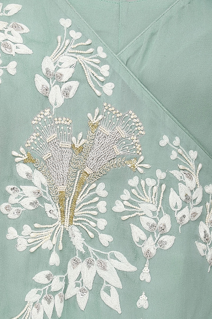 Sage green embroidered asymmetrical kurta with inner and palazzo pants available only at Pernia's Pop Up Shop.