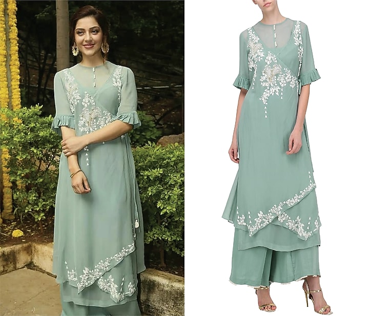 Sage green embroidered asymmetrical kurta with inner and palazzo pants available only at Pernia's Pop Up Shop.