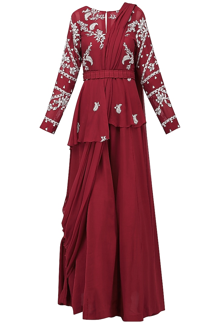 Red Embroidered Jacket with Jumpsuit and Drape Dupatta by Ek Soot