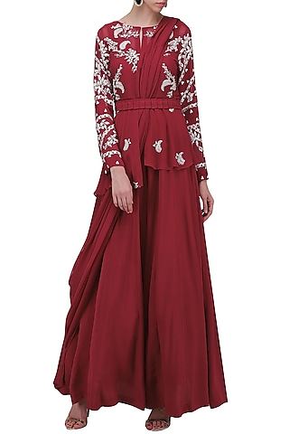 Red Embroidered Jacket with Jumpsuit and Drape Dupatta by Ek Soot