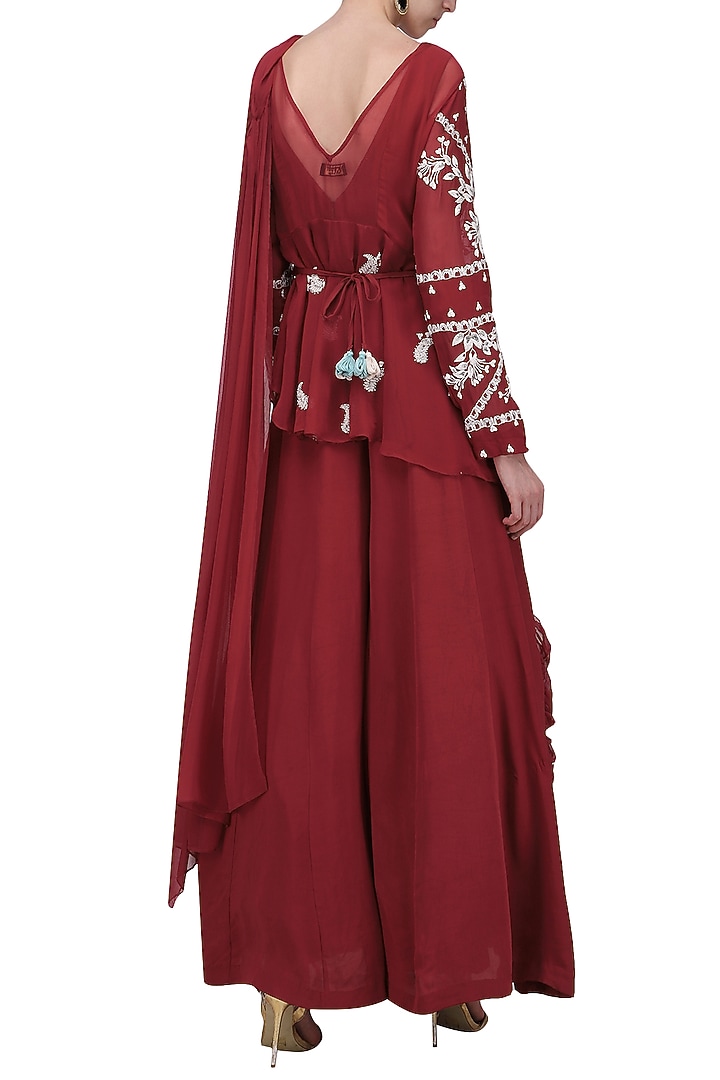 Red embroidered jacket with jumpsuit and drape dupatta available only at Pernia's Pop Up Shop.