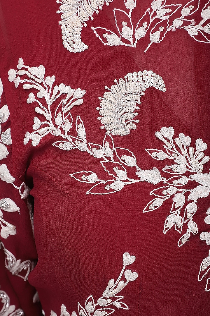 Red embroidered jacket with jumpsuit and drape dupatta available only at Pernia's Pop Up Shop.