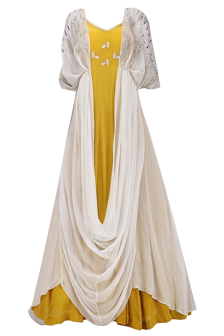 Mustard Yellow Embroidered Anarkali Gown with Ivory Kaftan by Ek Soot