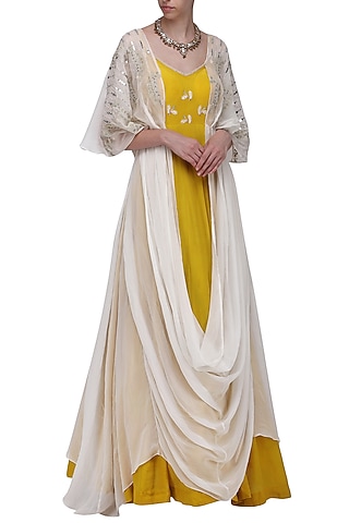 Mustard Yellow Embroidered Anarkali Gown with Ivory Kaftan by Ek Soot