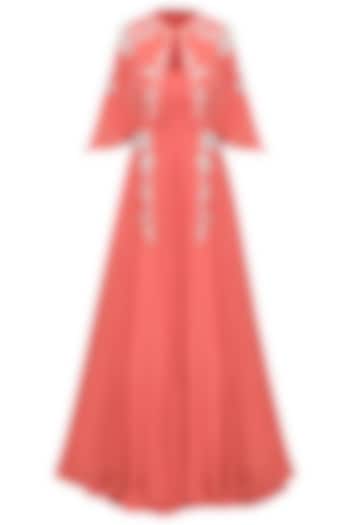 Fuchsia Corset Anarkali With Printed Bell Sleeve Cape
