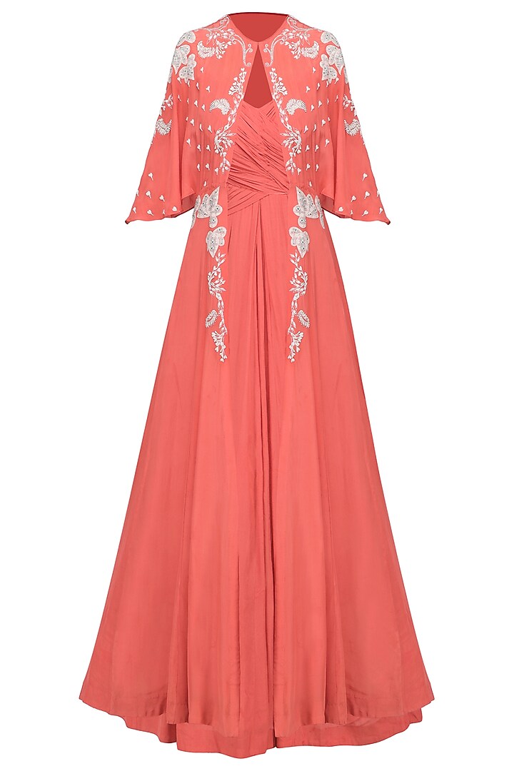 Coral ruched anarkali gown with embroidered cape available only at Pernia's Pop Up Shop.