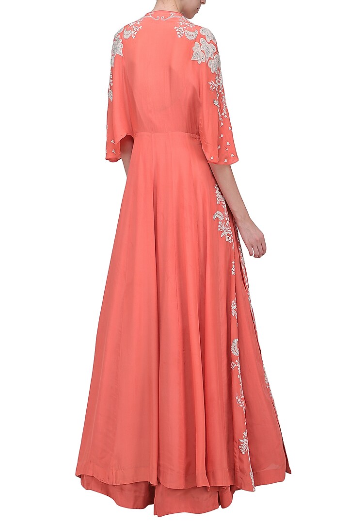 Coral ruched anarkali gown with embroidered cape available only at Pernia's Pop Up Shop.