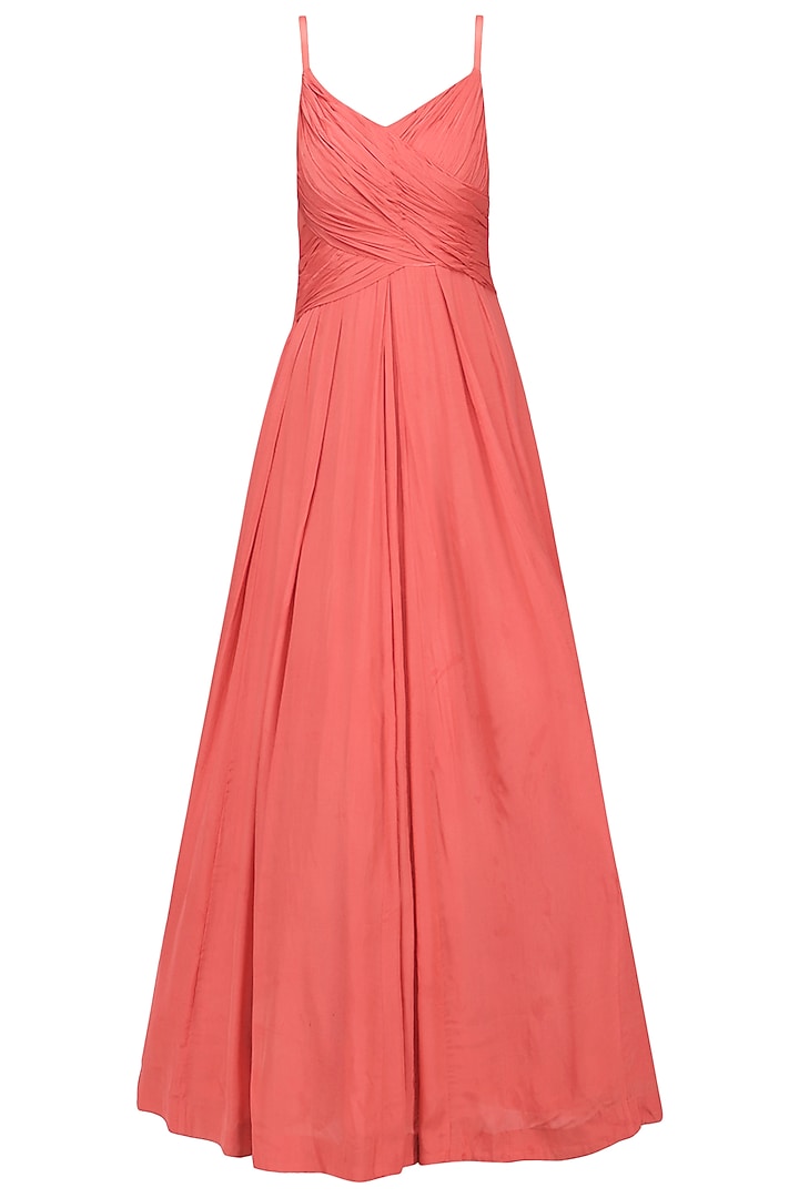 Coral ruched anarkali gown with embroidered cape available only at Pernia's Pop Up Shop.