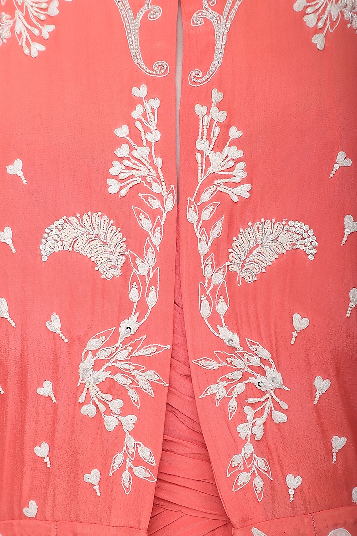 Coral ruched anarkali gown with embroidered cape available only at Pernia's Pop Up Shop.