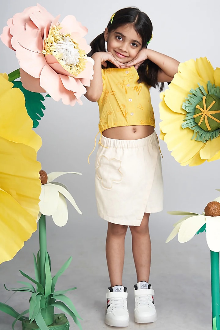 Yellow Mangalgiri Cotton Printed Crop Top For Girls by Miko Lolo at Pernia's Pop Up Shop