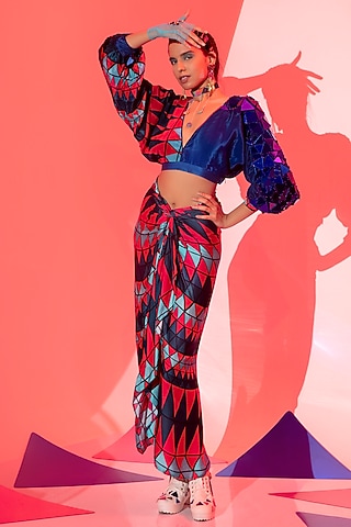 Multi-Colored Viscose Crepe Printed Skirt Set by Esha L Amin
