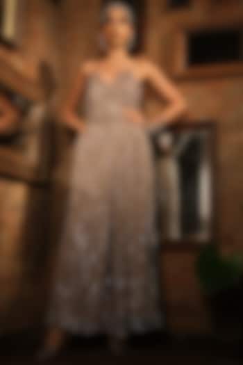 Nude French Crepe & Net Embroidered Pant Set by Suda by Esha Amin at Pernia's Pop Up Shop