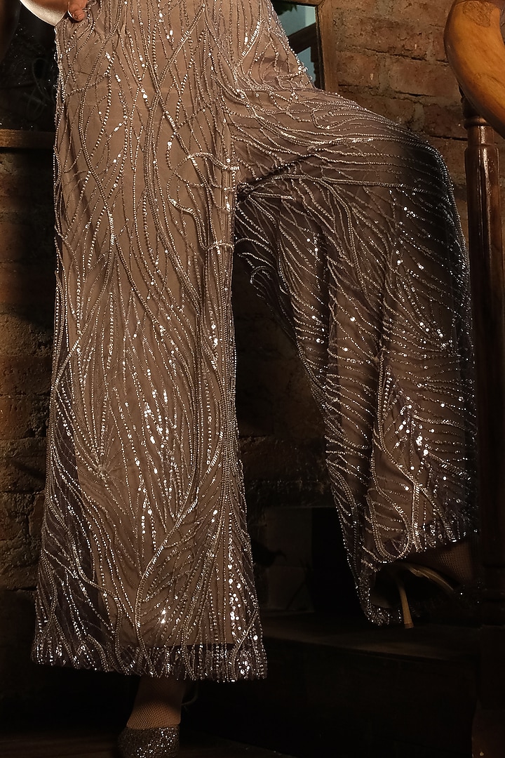 Nude French Crepe & Net Embroidered Pant Set by Suda by Esha Amin at Pernia's Pop Up Shop