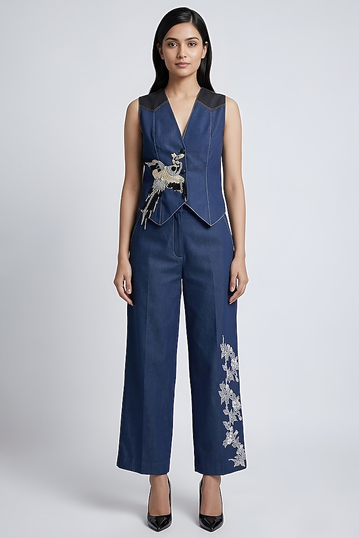 Navy Blue Cotton Printed Waistcoat Set by Eshaani Jayaswal at Pernia's Pop Up Shop