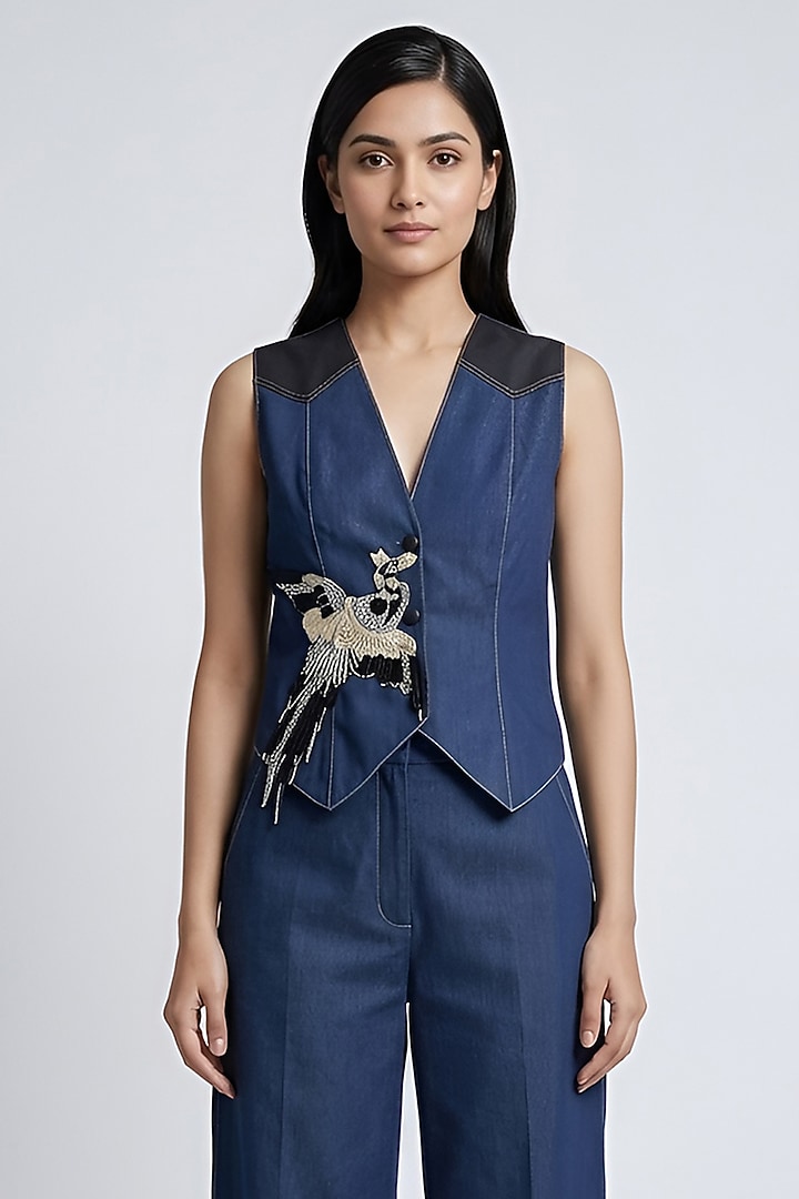Navy Blue Cotton Printed Waistcoat Set by Eshaani Jayaswal at Pernia's Pop Up Shop