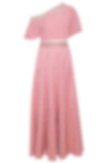 Pink embroidered pleated top with skirt by Eshaani Jayaswal